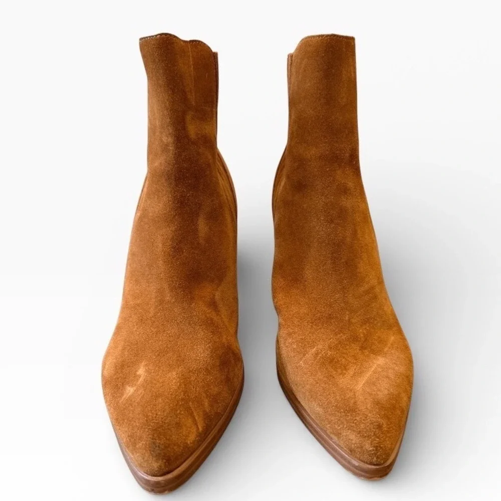 Marc‎ Fisher Gabri Camel Suede Pointed Toe Block Heel Ankle Booties Womens 9.5M